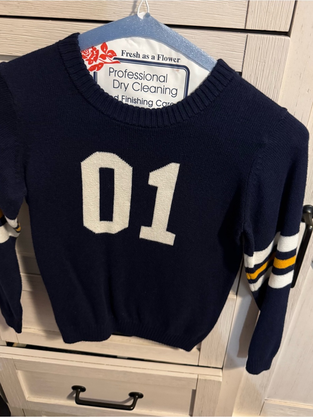 Janie and Jack Navy Crewneck Sweater with White '01' and Stripe Sleeves Size 5